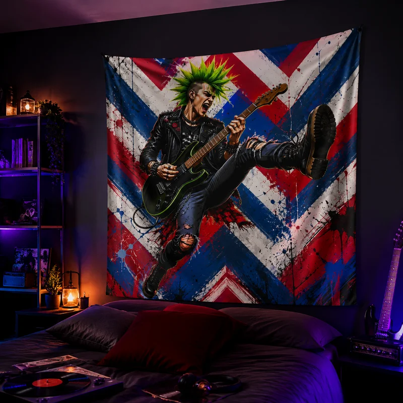 VIKAMA Cyberpunk Skateboard Kid Tapestry, Neon City Nightscape Wall Hanging, Game Room & Bedroom Decorative Tapestry, Home Decor