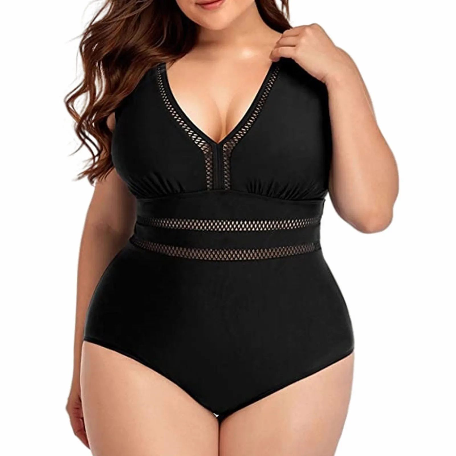 Maillot de bain une pièce imprimé, grande taille, Sexy, décolleté en V profond, couleur unie, couture en maille, Bikini avec détails en maille, pour femmes, 2025