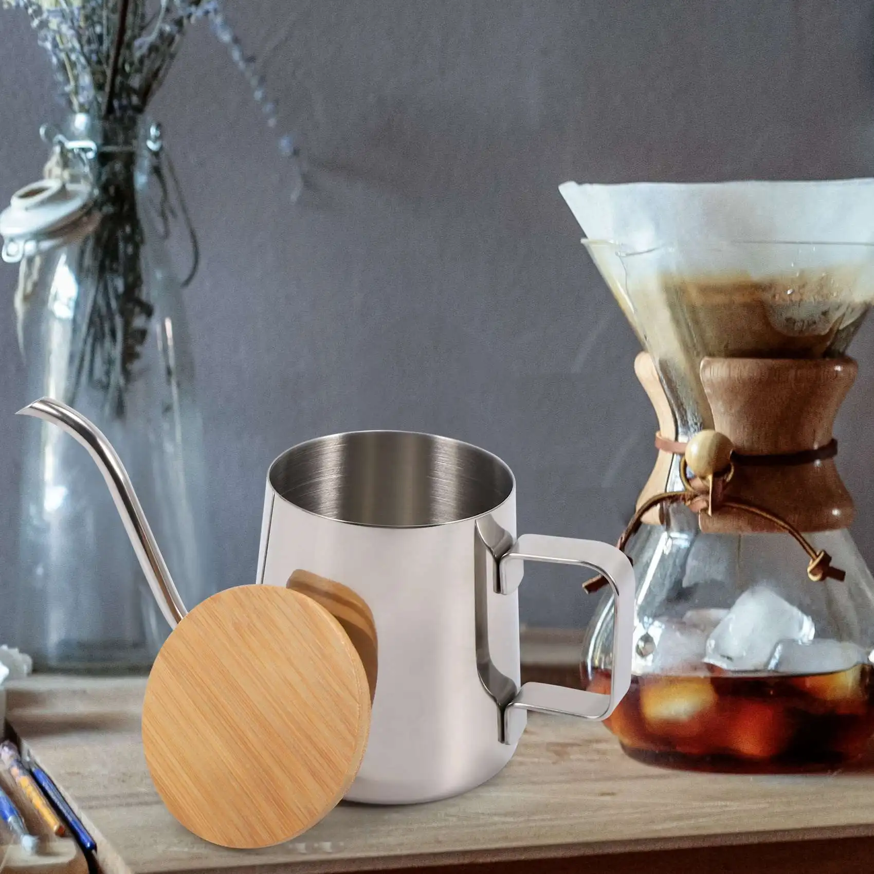 ABNL-cafetera de pico largo y estrecho de 350Ml, tetera con cuello de cisne, hervidor de goteo manual de acero inoxidable para verter sobre café y tetera con madera