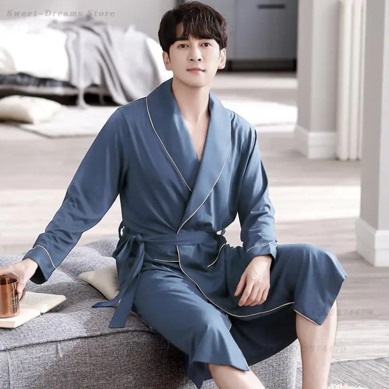

Men's Plus Size Robe Kimono Gown Spring Autumn Long Sleeved Modal Bathrobe Male Sleepwear Loose Casual Home Clothes Loungewear