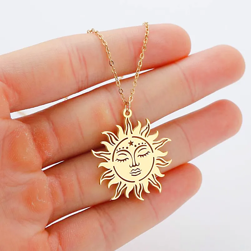 Sun Face Moon Pentagram Pendant Necklace For Women Gold Stainless Steel Necklace Chain Desinger Charms Collares Para Mujer