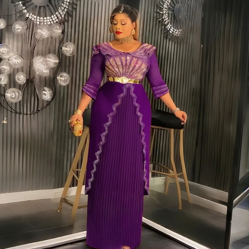 

New Women African Dress Elegant Dashiki Diamond Pleated Cosplay Costume Turkey Muslim Wedding Evening Party Gown Plus Size