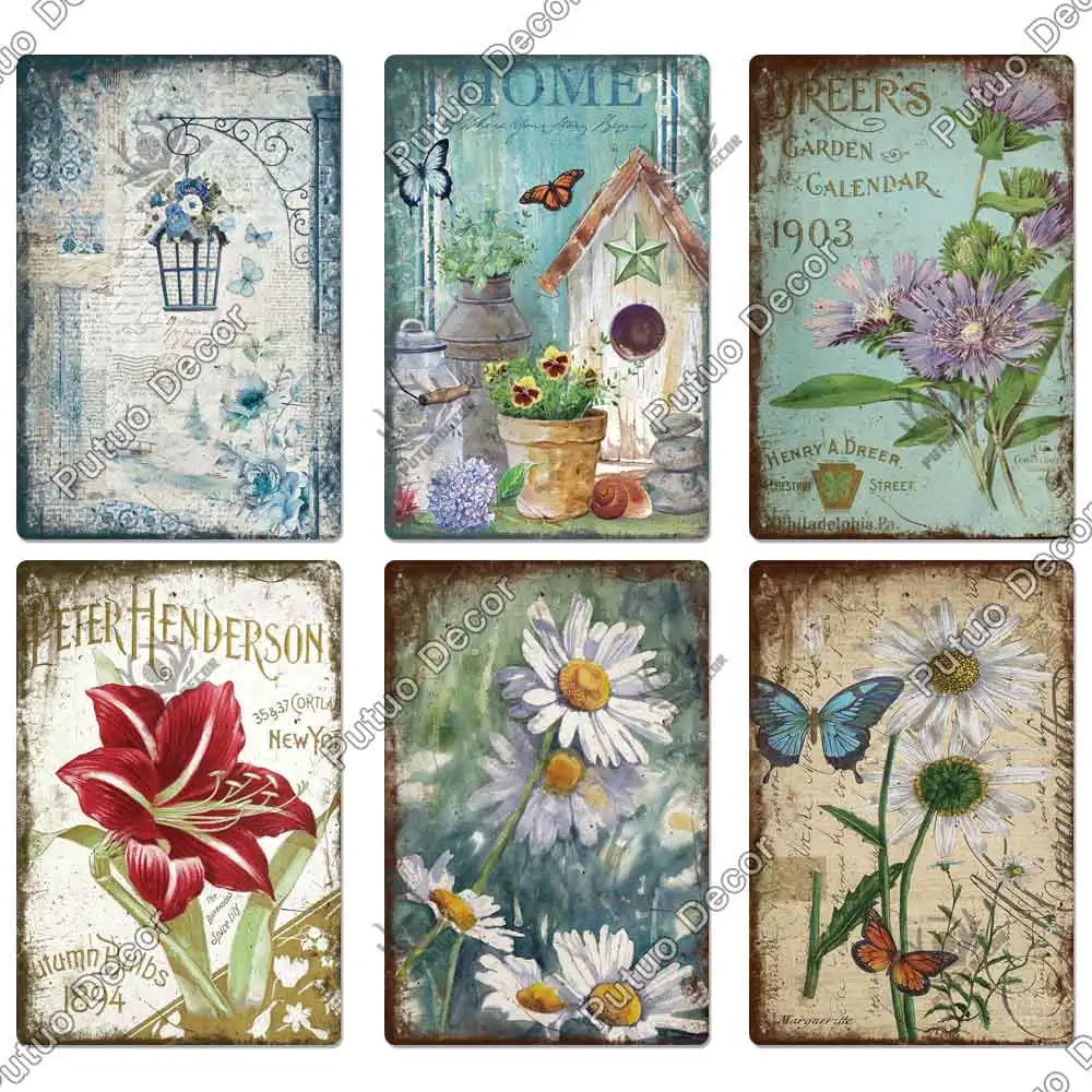 Putuo Decor Flower Vintage Tin Sign Metal Sign Decorative Plaque Garden Living Room Kitchen Club Decor Wall Decoration