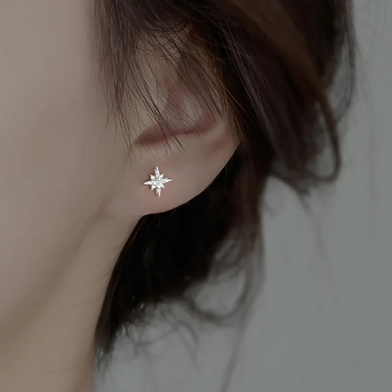 Small Exquisite 925 Sterling Silver Zircon Octagonal Star Stud Earrings for Women Girls Party Jewelry Piercing Accessories Gifts