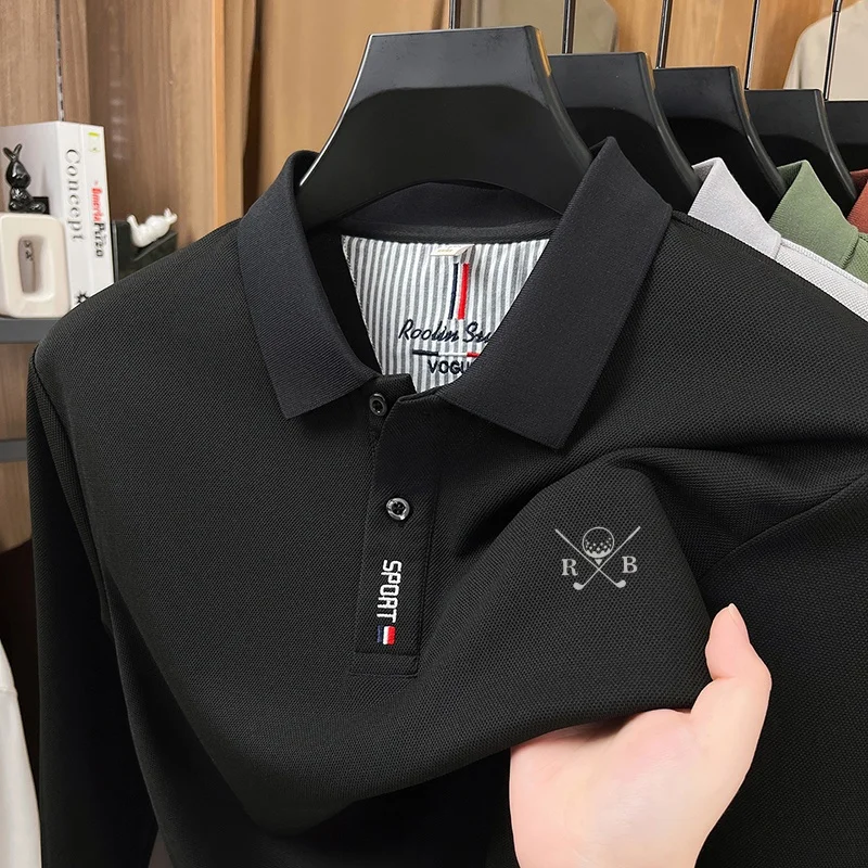 Herbstmode für Herren: Hautfreundliches, bedrucktes Polohemd, weiches, einfarbiges Langarm-T-Shirt, vielseitiges Business-Outfit für Herren. – Detail 10