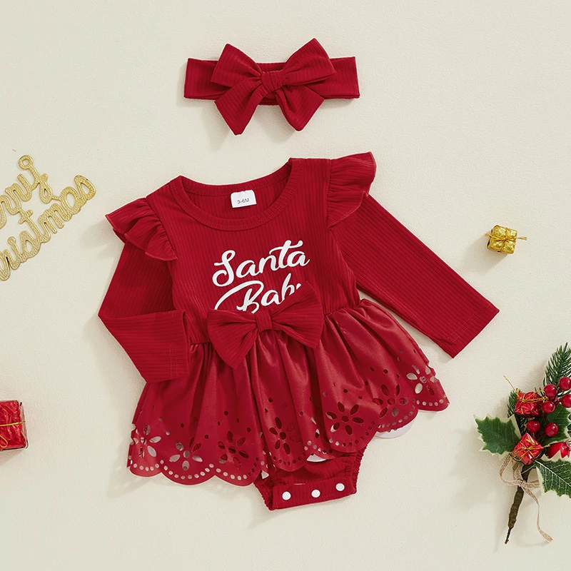 ملابس عيد الميلاد بأكمام طويلة للفتيات الصغار ، فستان رومبير مع عصابة رأس ، طباعة حروف ، مجموعة ملابس للأطفال الصغار