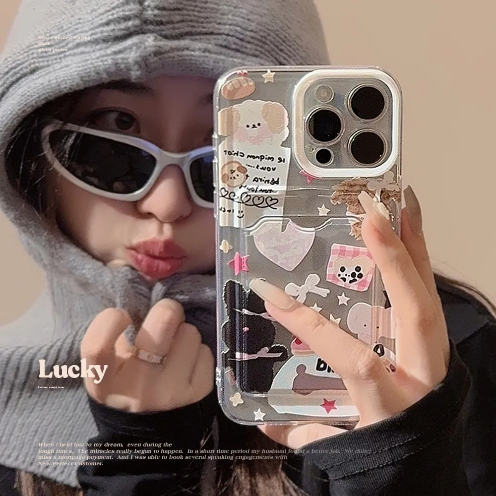 Koreanische süße Cartoon-Stil Kartenhalter klare Handyhülle für iPhone 16 15 14 13 12 11 Pro Max XS XR X 7 8 Plus stoßfeste Abdeckung