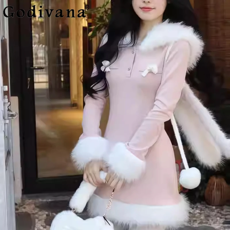 

Autumn Winter Plus Size Girl Slim Hooded Age-reducing Knitted Dress Pink High Waist Fashion A-line Sweet Long Sleeve Dresses