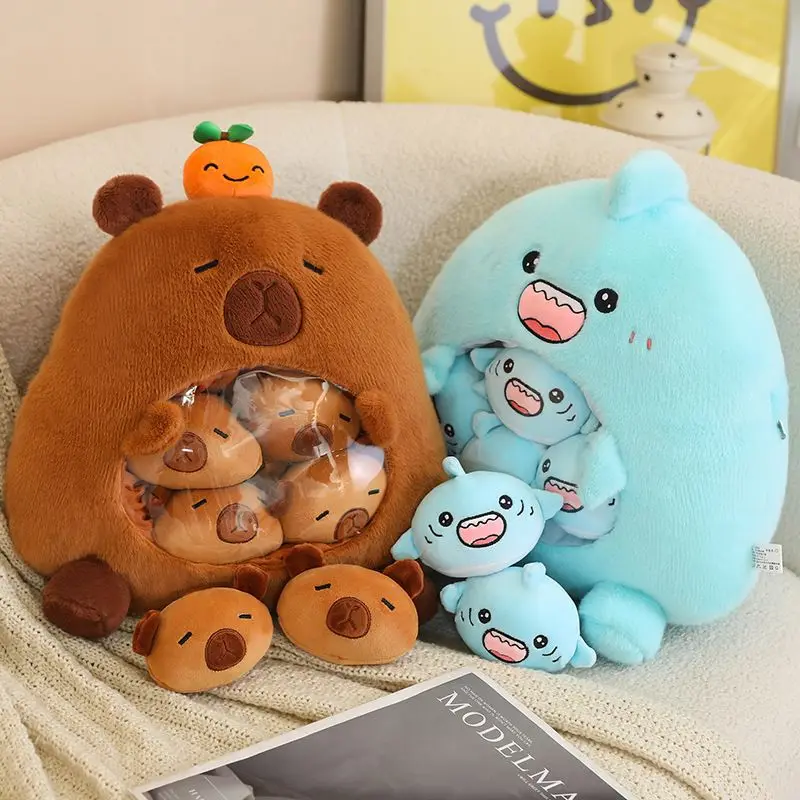 Capybara Snack Bag Plush Pillow with 6 Mini Dolls Cute Blue Shark Stuffed Plush Toy Removable Small Animal Throw Pillow Gift