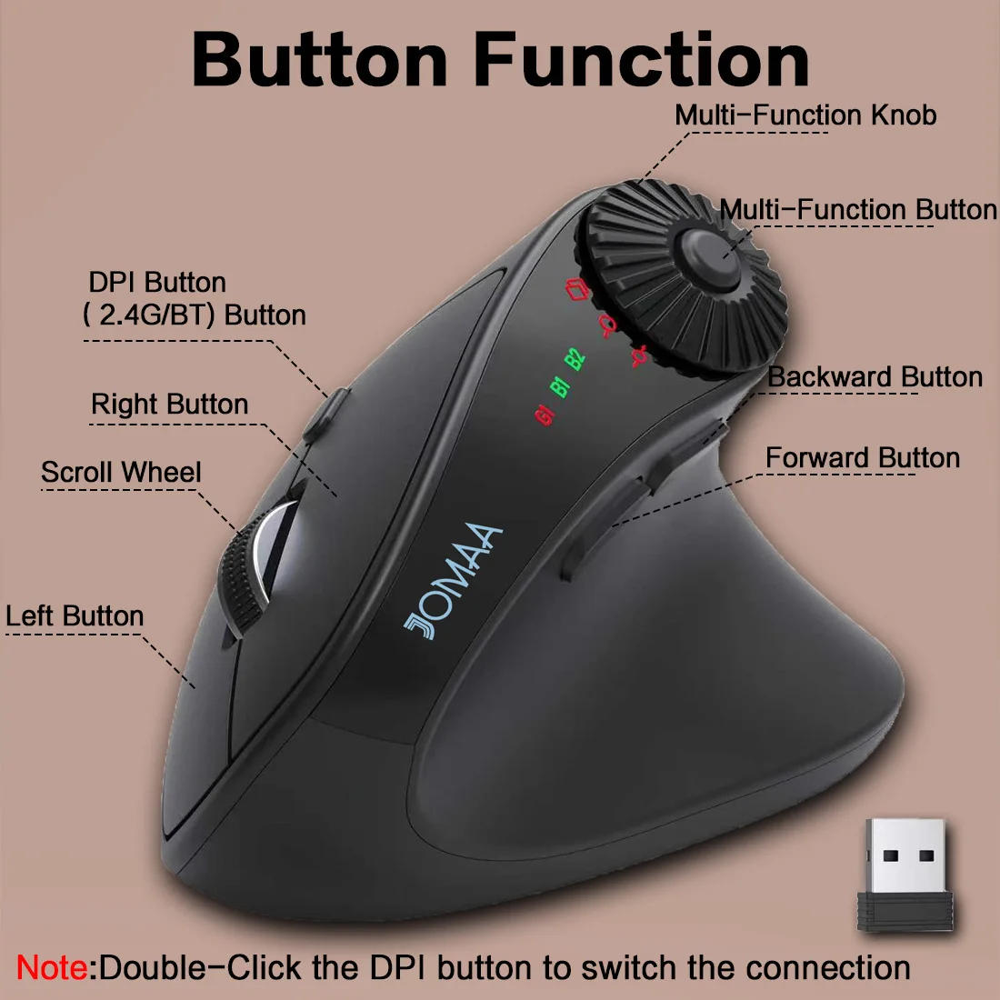 Ergonomis Design Vertical Mouse  2.4G Bluetooth Daul-mode Multifunction Knob Status Display Office Use Mouse