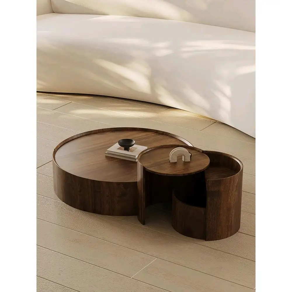 

Modern simple coffee table living room household small apartment Italian minimalist round walnut leather