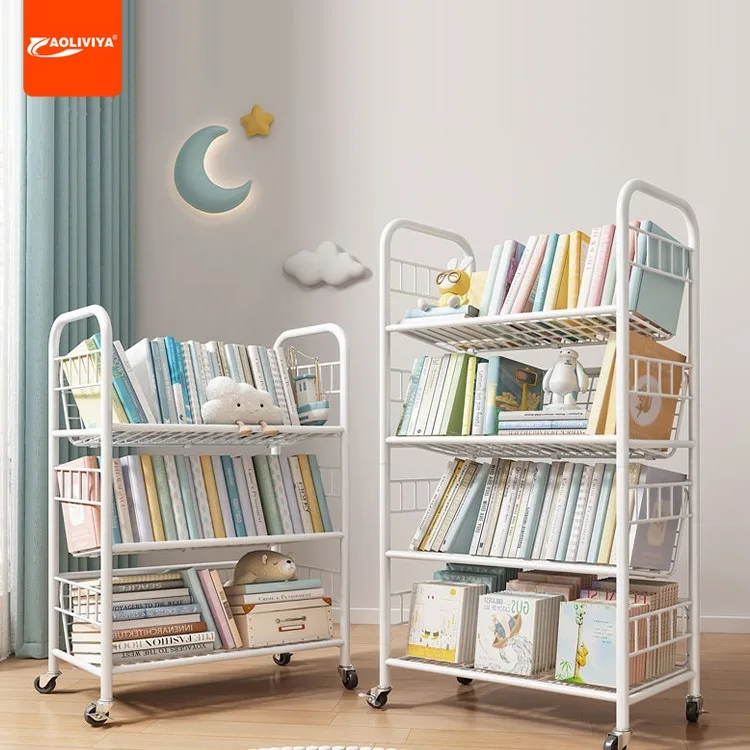 Aoliviya Bookshelf Floor Movable Iron Picture Book Rack Student Book Storage Rack Household Simple Bookcase Shelf