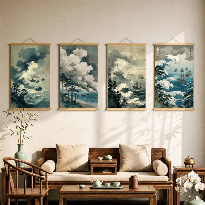 Historic Mongol Fleet Battle Canvas Wall Art Hanging Scroll Dramatic Maritime Print with Wooden Rods for Study Decor