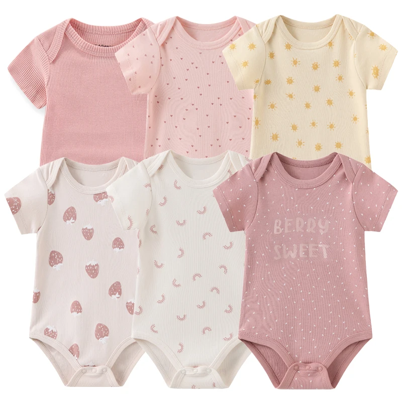 2023 New Born Bodysuits 6Pieces Baby Girl Clothes Set Cotton Short Sleeve Baby Boy Clothes Cartoon Summer Solid Color Bebes