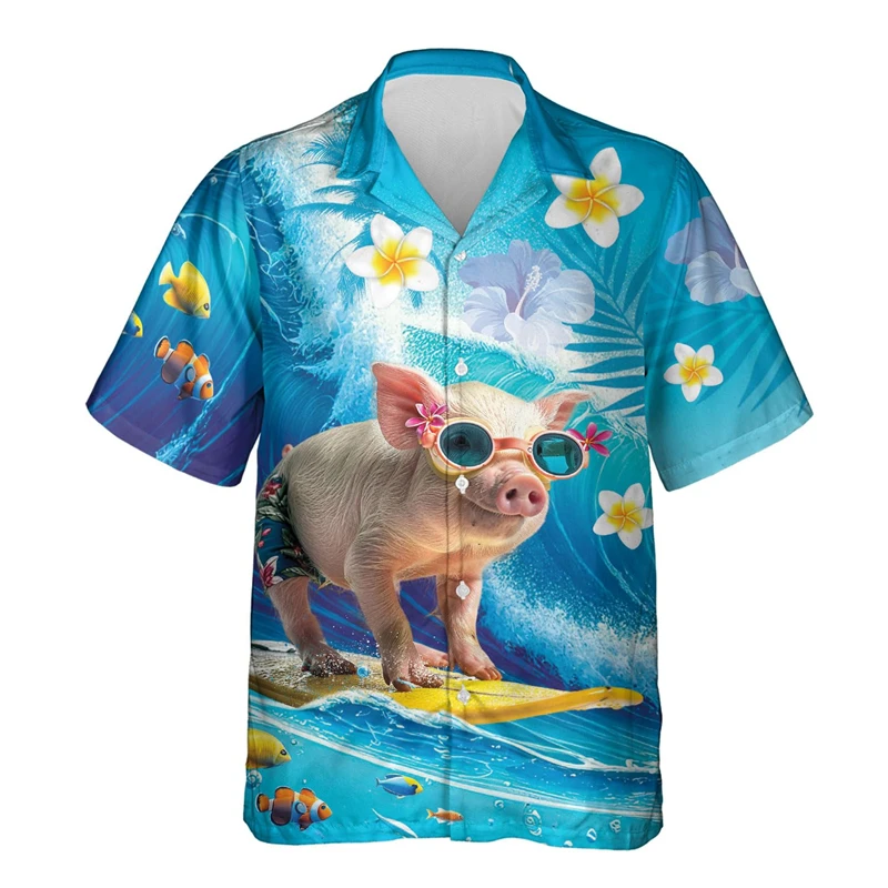 Funny Animal Pig 3D Printed Beach Shirt Cute Pet Graphic Shirts For Men Clothes Casual Hawaiian Surfing Short Sleeve Boy Blouses