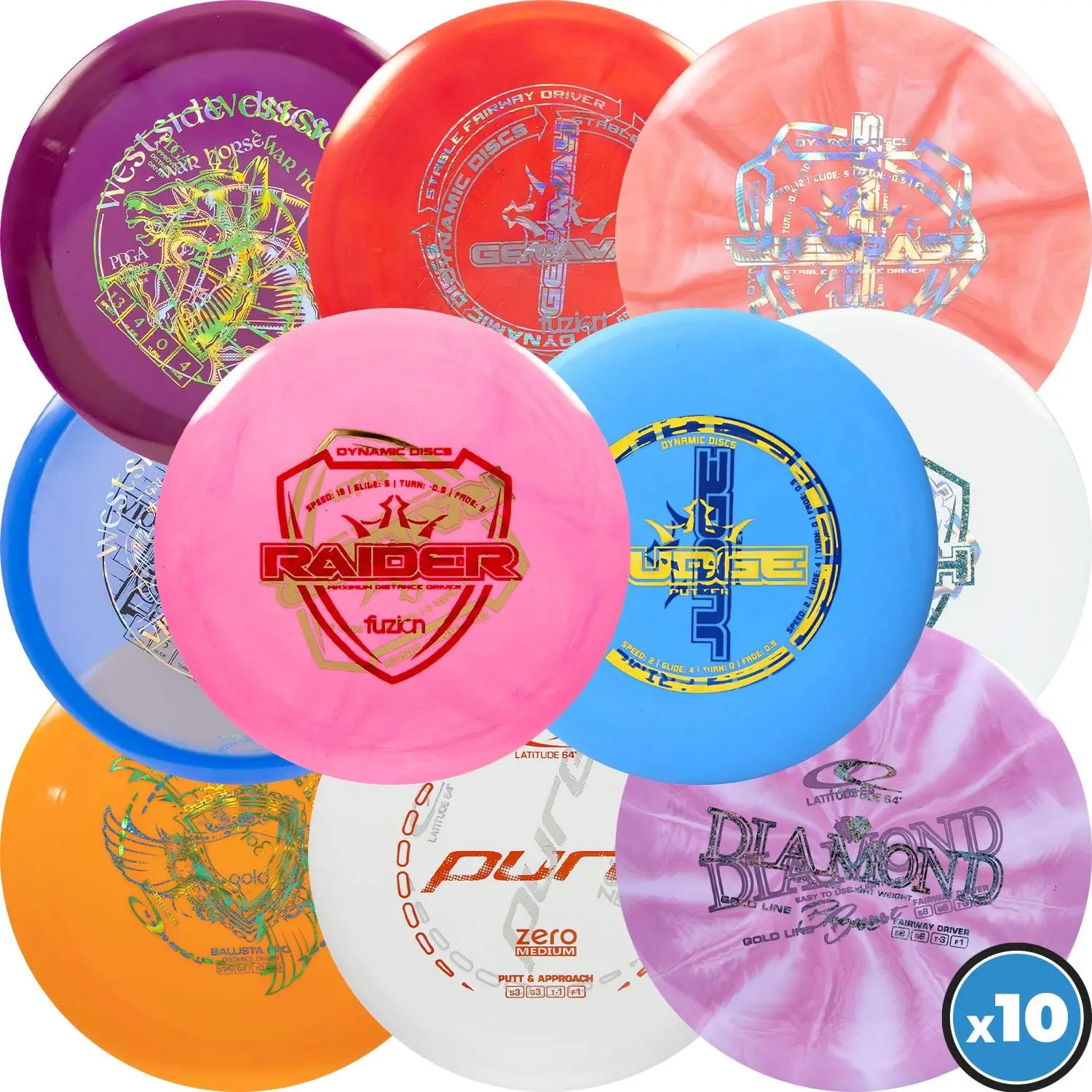 

DYNAMIC DISCS Latitude 64 Westside Discs Ten Disc Misprint Pack Disc Golf Starter Pack Frisbee Golf Discs Disc Golf