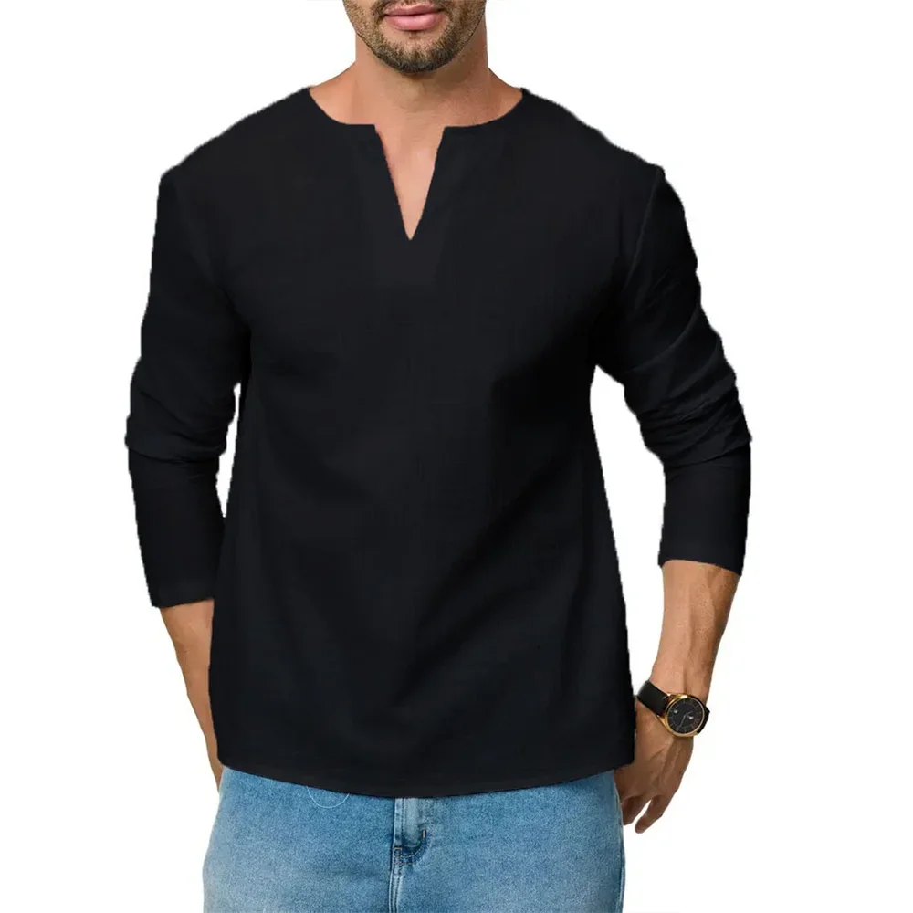Baumwoll-Leinen-T-Shirt für Herren, langärmelig, atmungsaktiv, V-Ausschnitt, lässig, schmale Passform, einfarbig, leicht, gemütlich, für Herren