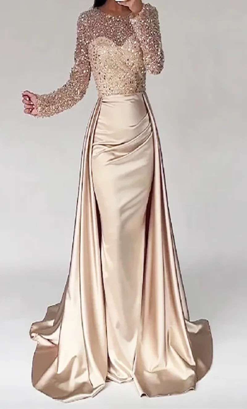 2023 New Elegant Luxury Dubai Evening Dresses For Woman O Neck Long Sleeves Beads Sequin Formal Prom Wedding Party Dress