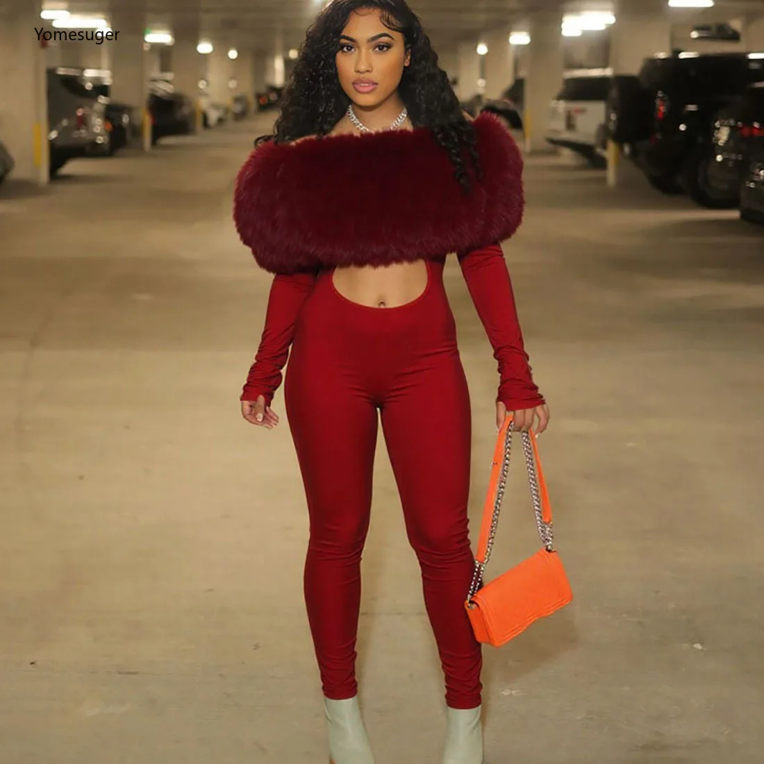 

Yomesugar 2025 пушистый лоскутный комбинезон с разрезным вырезом, женский трендовый сексуальный комбинезон с открытым пупком и длинными рукавами, узкие комбинезоны, клубная одежда