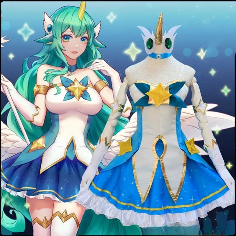 Game LOL Star Guardian of Soraka Cosplay Costume The Starchild Wig Ears Horn Anime Lolita Dress Halloween Sexy Women Green Suit