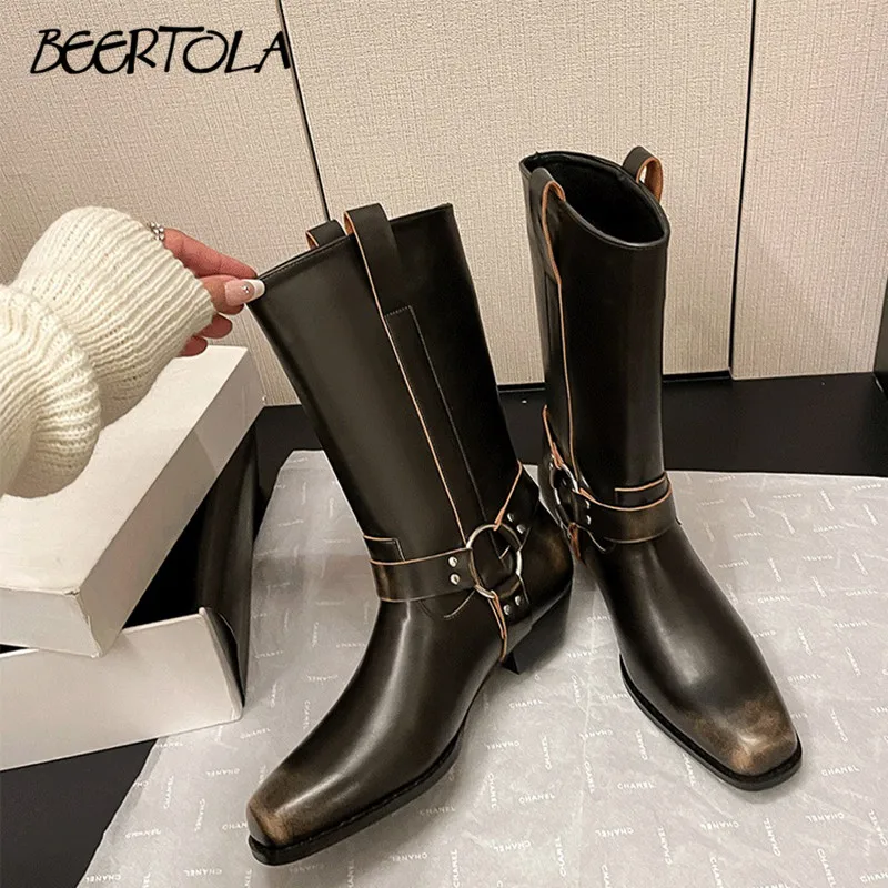 Women's Retro Square Toe Ankle Boots Personalized Square Toe Western Boots Thick Bottom Belt Buckle Chunky Heel Knight Boots