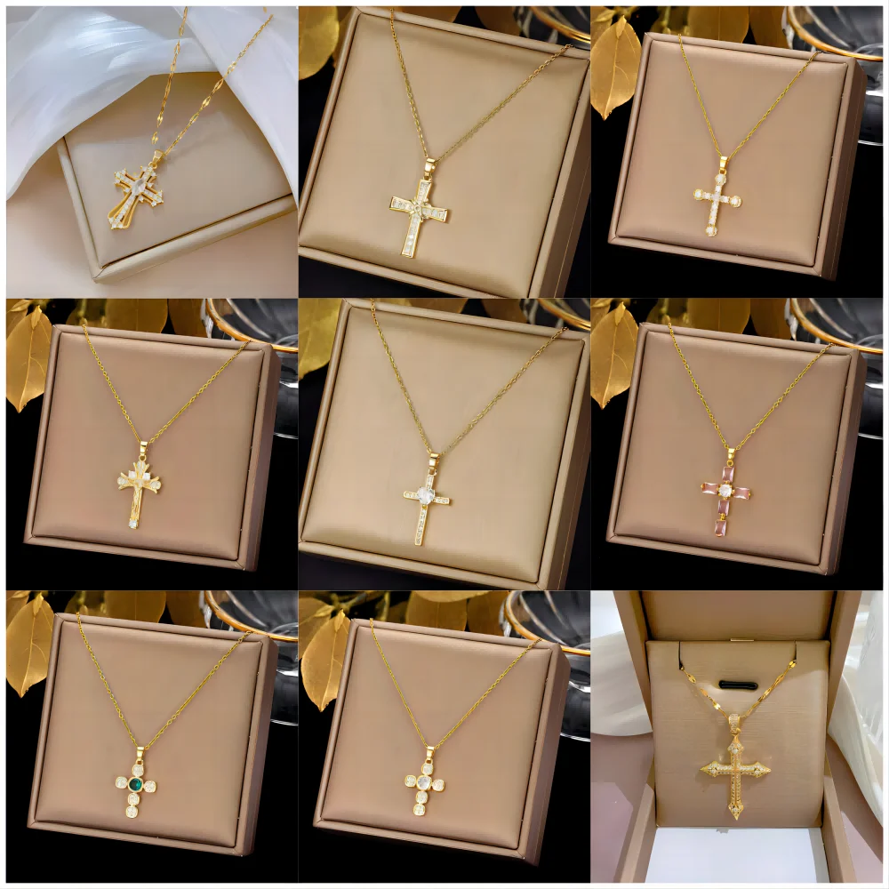 Ole Vintage Fresh Gothic 24k Gold Cross Necklace Pendant, Religion, Holiday Gift, Fashionable Hundred Necklace Pieces for Women.