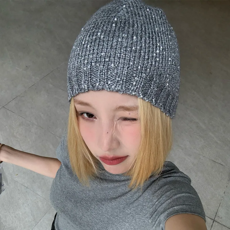 Korean Sequined Knitted Beanie Lady Y2K Stree Hip-hop Personality Warm Skull Hat Brimless Pullover Girls Cool Bling Caps Women