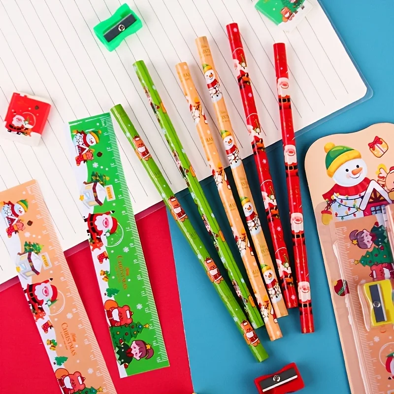 12/6 Sets of Randomly Assorted Styles (5 Pieces Per Set) with Deer, Snowman, Santa Claus, and Christmas Tree Patterns, Suction Card Pencil Set, Christmas Stationery Set, Beautifully Designed, Cute and Stress-Relieving,