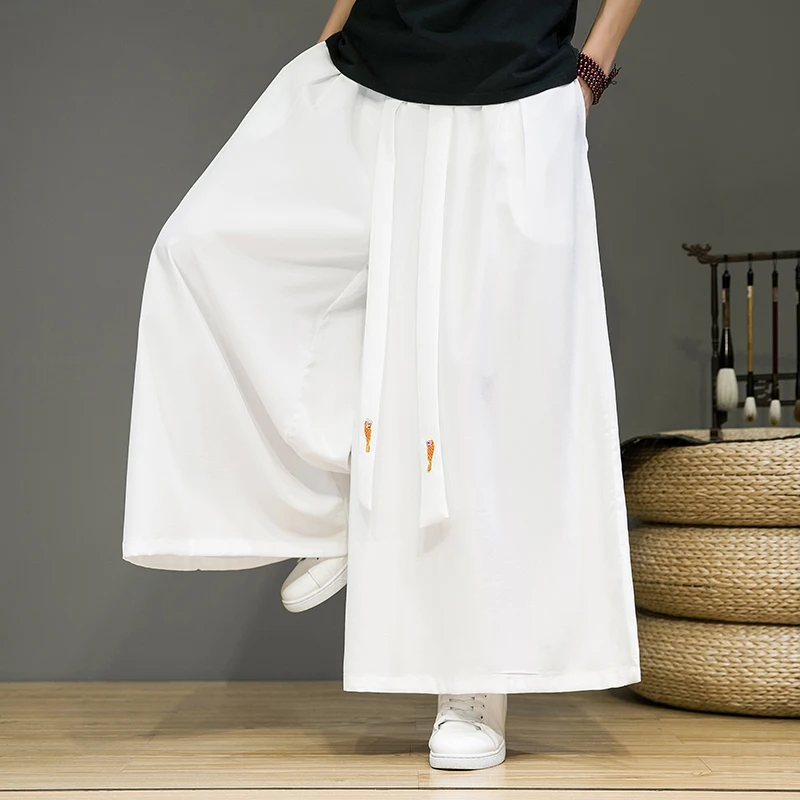 

Loose Wide Leg Pants Men's Summer Thin Ice Silk Straight Cut Trousers Chinese Retro Skirt Pants Youth Casual Embroidered Hanfu