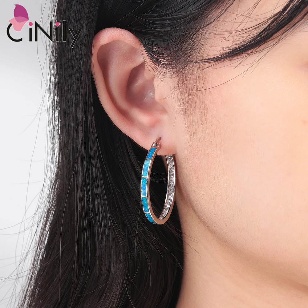 CiNily Opal Stone Hoop Earrings Silver Plated For Women Girls Party Fashion Jewelrys Gemstone Big Round Earring With Zircon 35mm