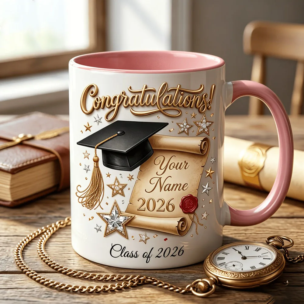 2D Print Custom 2026 Graduation Mug 11oz Coffee Cup Name Gold Diamond Pattern Gift for Graduate