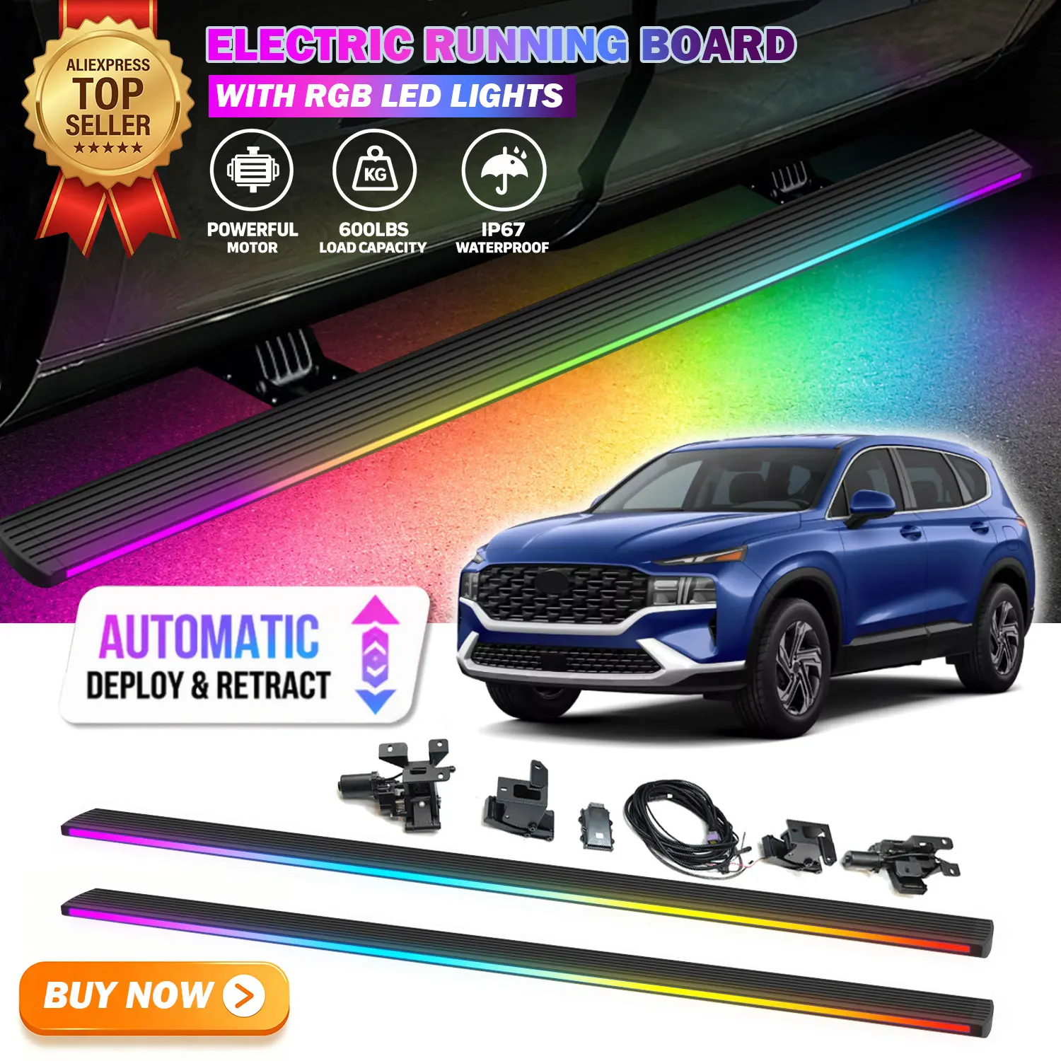Deployable Power Electric Running Boards Fits For Hyundai Santa Fe 2019-2023 with LED Light Strips Side Step Nerf Bars