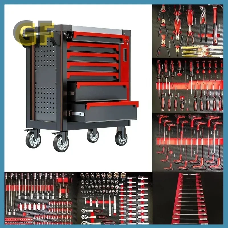 7 Drawers Garage Storage 200-421Pcs Tool Sets Box Chest Workshop Trolley Cabinet for Auto Repair Tools Packaging Home Use
