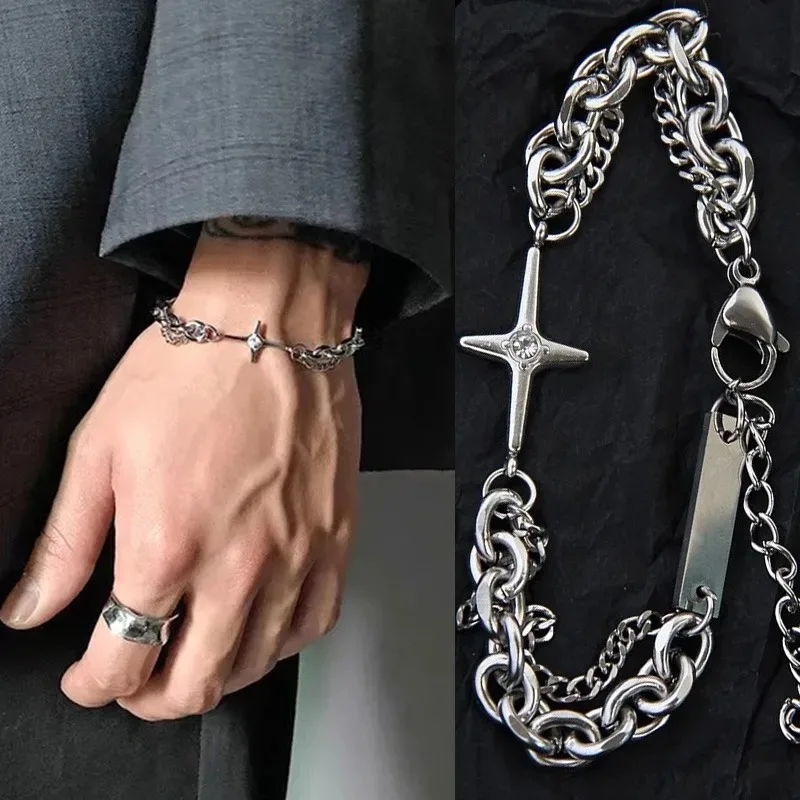 New Punk Cross Y2K Stars Metal Bracelet Vintage Star Bracelet Multilayer Charm Chain Bracelets for Women Men Hip Hop Bracelet