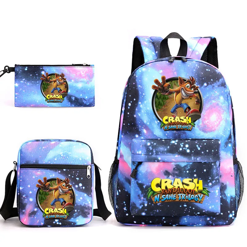 Jogo Crash Bandicoot Mochilas, Estudantes Mochilas, Lápis Case, Mochila de Ombro, Meninos e Meninas Mochilas Escolares, 3pcs