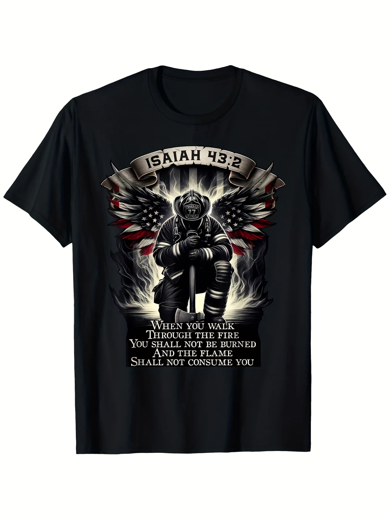 43 3 Patriotic Firefighter'S Prayer T-Shirt - 100%, Glossy & Wrinkle-Resistant, Black Crew Neck with American Flag & Soldier Graphic, Sizes S-XXXL, Casual & Comfortable for All Seas, Classic Retro Style, Round Neck Short Sleeves