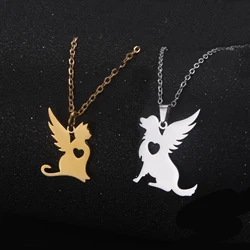 Unift Wing Angel Dog Cat Pendant Necklace with Heart Puppy Kitten Pet Memorial Inspired Animal Jewelry Women Child Gift Trendy