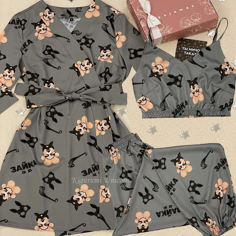 Cartoon Printed Pajamas Set with Robe Women Silk Satin Robe&Sleepwear Nightwear Pijamas V-neck Homewear Clothes Loungewear 3pcs