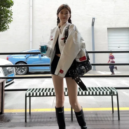 미국식 레트로 흰색 PU 가죽 재킷 여성 가을용 고급감 작은 시장용 짧은 모터바이크 스타일 체형 강조 자켓 오프너 