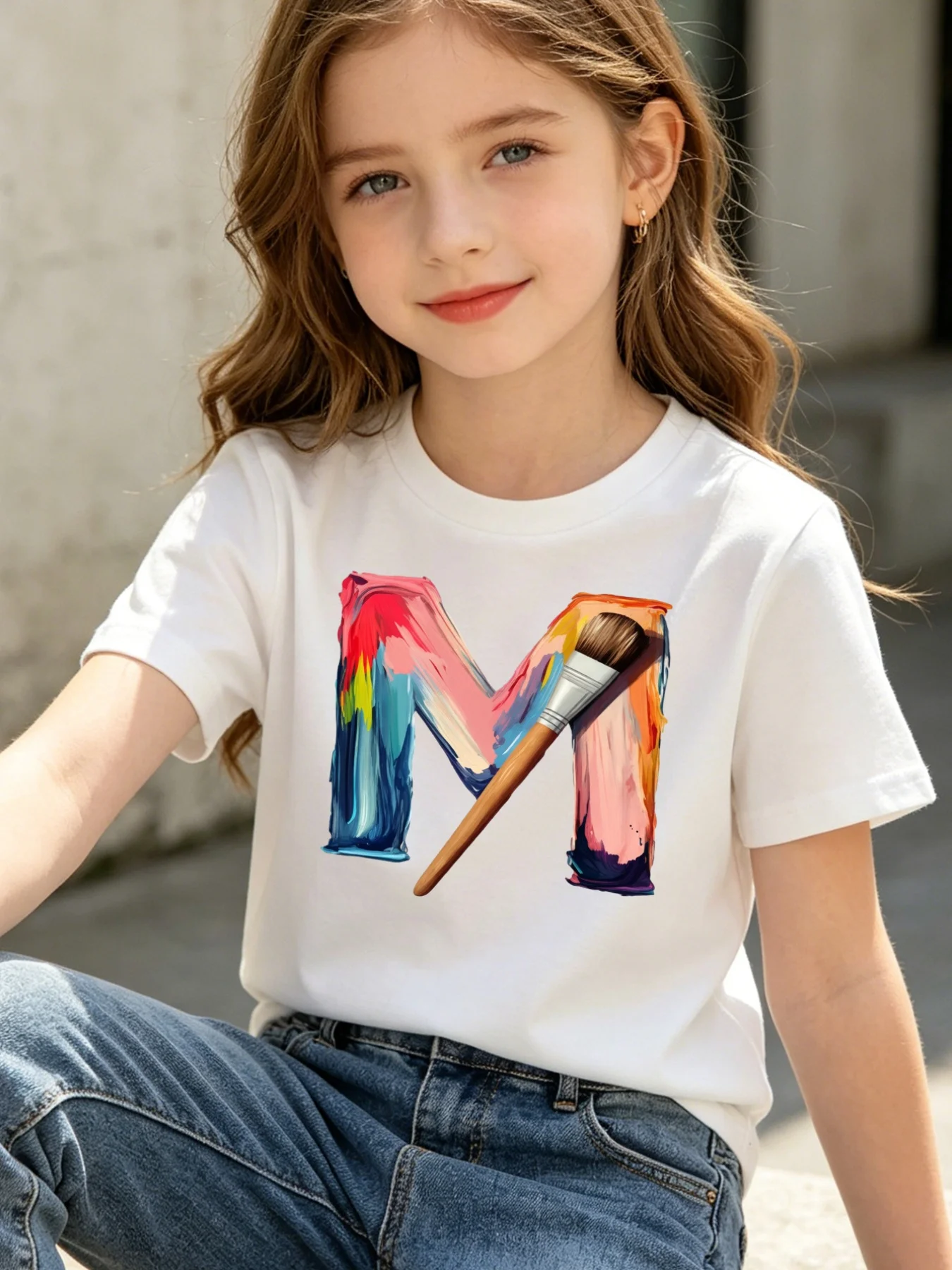 Parent Child Matching Tee Paint Art Letter M Paintbrush Graphic Short Sleeve Cotton Tees Girls Boys Kids Casual Holiday Wear