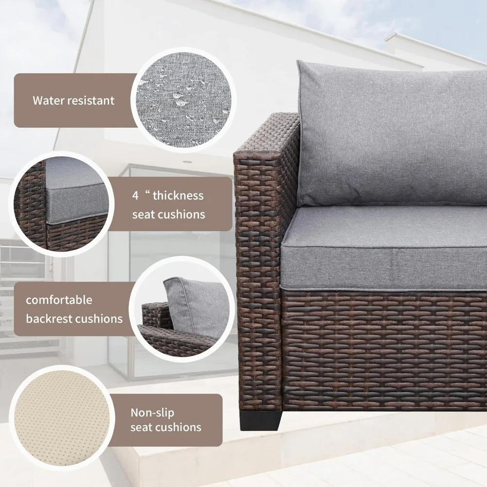 Patio Rattan Furniture Set 4-Piece Outdoor PE Wicker Conversation Couch, Brown Sectional Sofa Couch with Storage Coffee Table