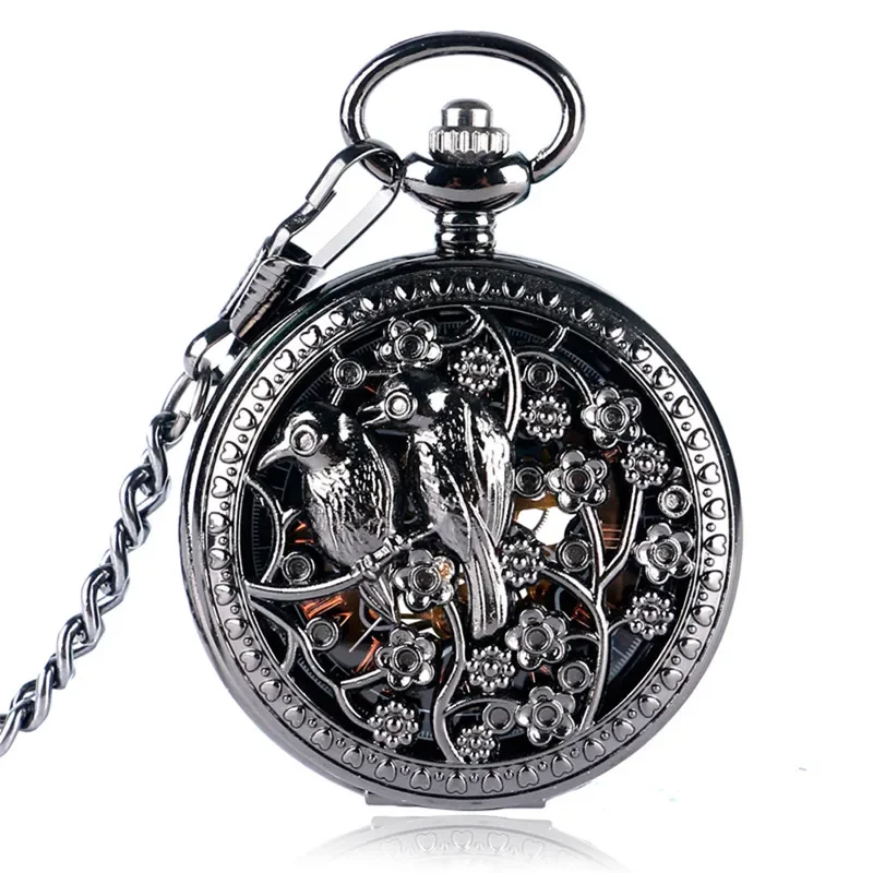 Antique Pocket Watch Hollow Out Bird Case Unisex Handwinding Mechanical Watches Men Women Black Clock Pendant Chain