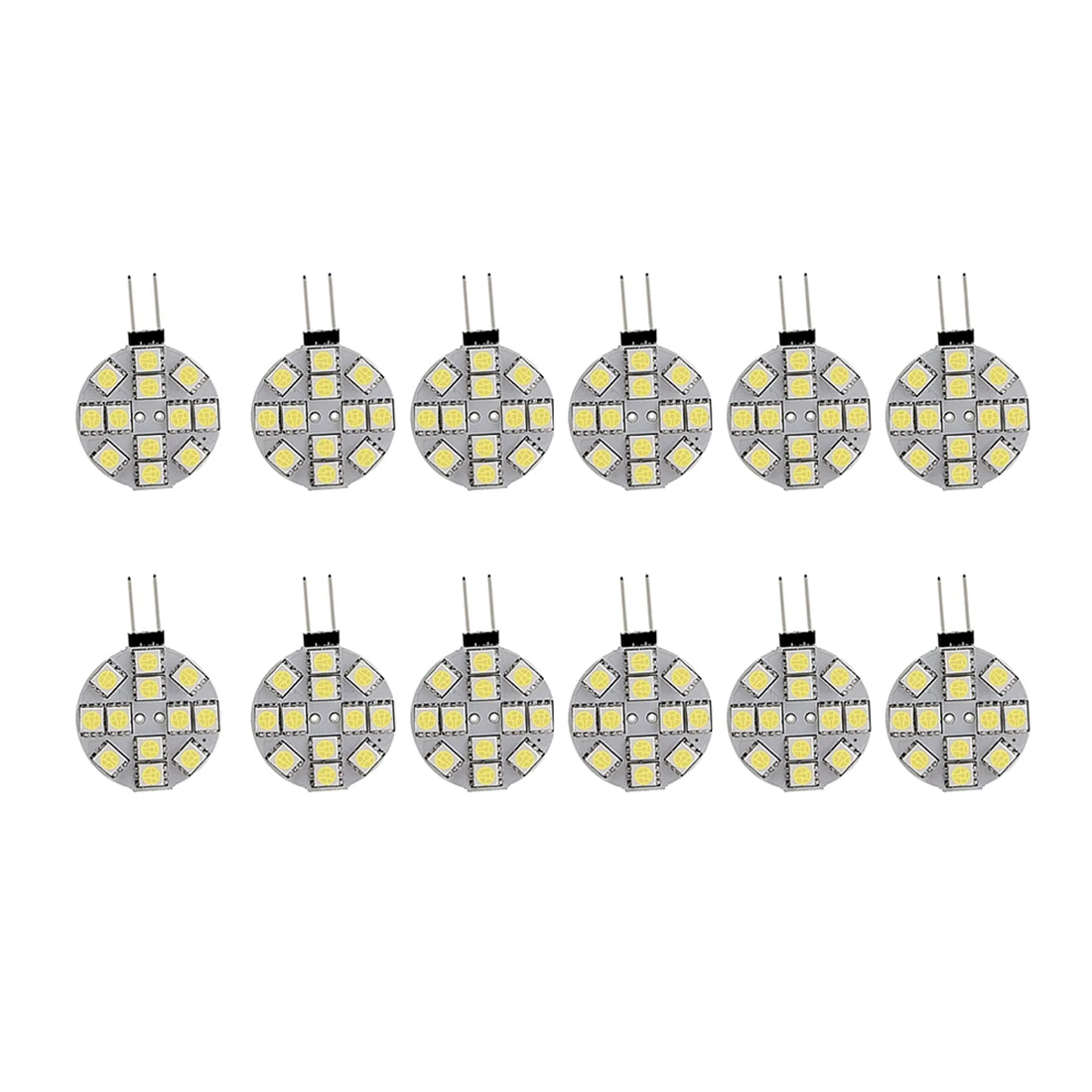 RV Camper LED Puck Lights Lâmpadas, Base lateral do pino, Redonda, Luz de leitura doméstica, Branco, G4, 5050, 12SMD, 12Pcs