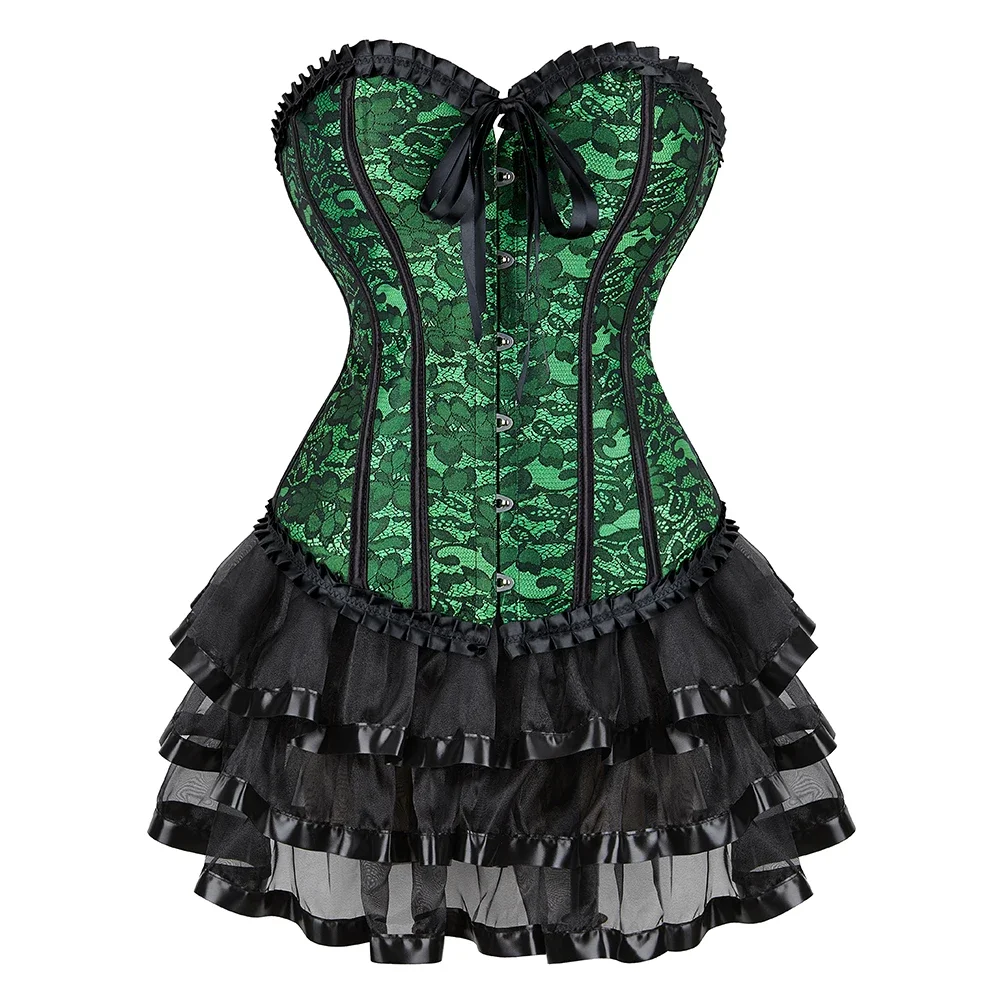 Green Corset Top With Tutu Skirt Plus Size Burlesque Costumes Vintage Lace Overbust Corset Bustier Lingerie Women Victorian