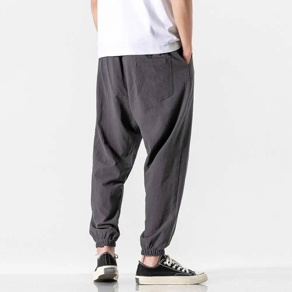 

Men Solid Color Casual Trousers Retro Men's Ninth Pants with Side Pockets Drawstring Waist for Gym Training Jogging for Track