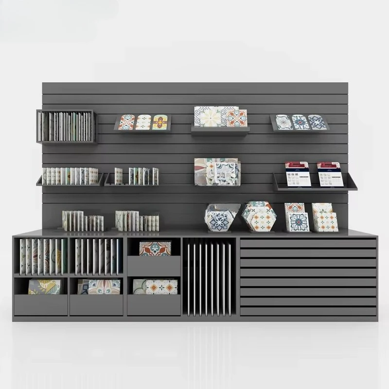 &c Customized Granite Metal Racks Ceramic Panel Stand Building Stone Combination Drawer Display Cabinet for Showroom