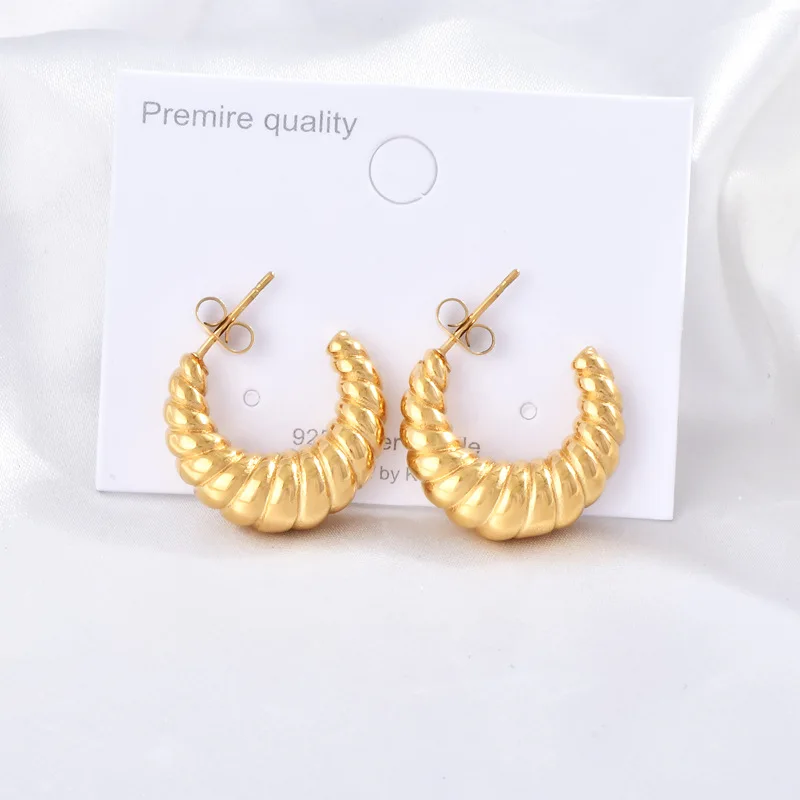 Titanium Steel Normcore Cold Style Metal Texture Oblique Thread Circle Earrings Croissant Retro Versatile Earrings for Women