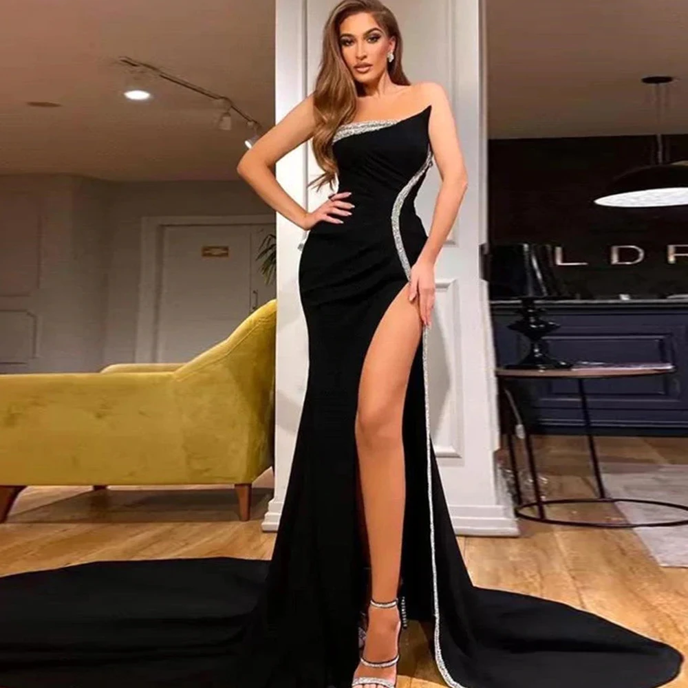 

High Slit Black Sexy Evening Dresses for Women Party Sleeveless Strapless Prom Gowns 2024 New Arrived Vestidos De Fiesta Summer