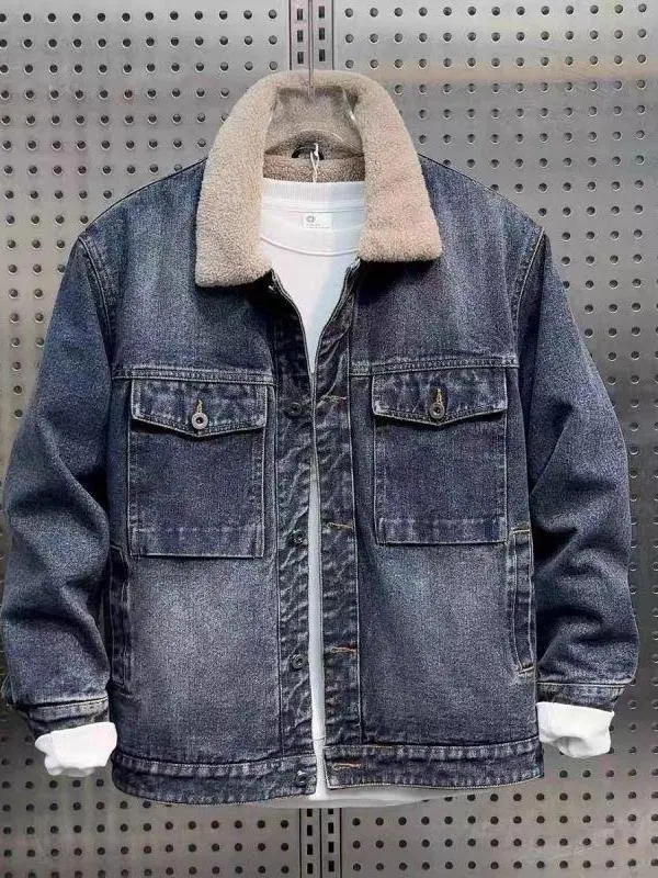 

New Men's Denim Fce Lined Thiened Jaet Trendy Collar Casual Versatile Korean Cool Sle Outerwear Breathable Stand Fit
