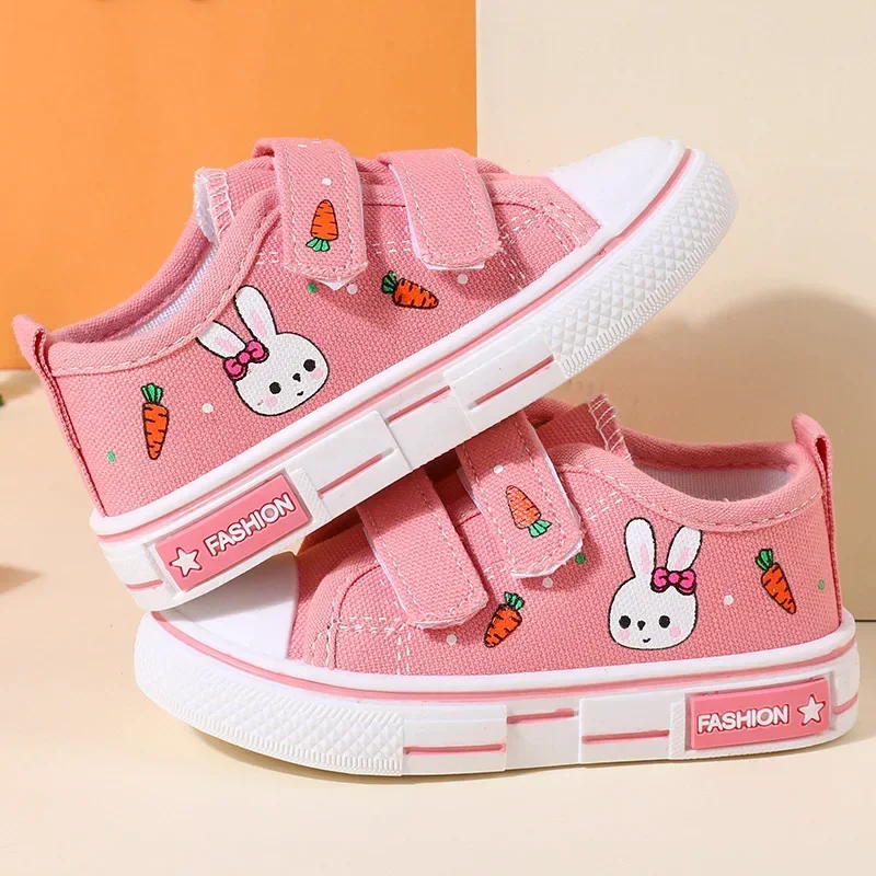 Children New Fashion Canvas Sneakers Kids Adorable Rabbit Cartoon Prints Board Shoes Hook and Loop Flat Sole Non Slip Shoes